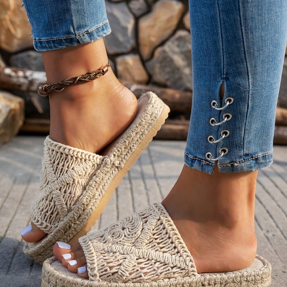 Beige Women's Rope Woven Hollow Asymmetrical Flat Sandals - Picture 1 of 5